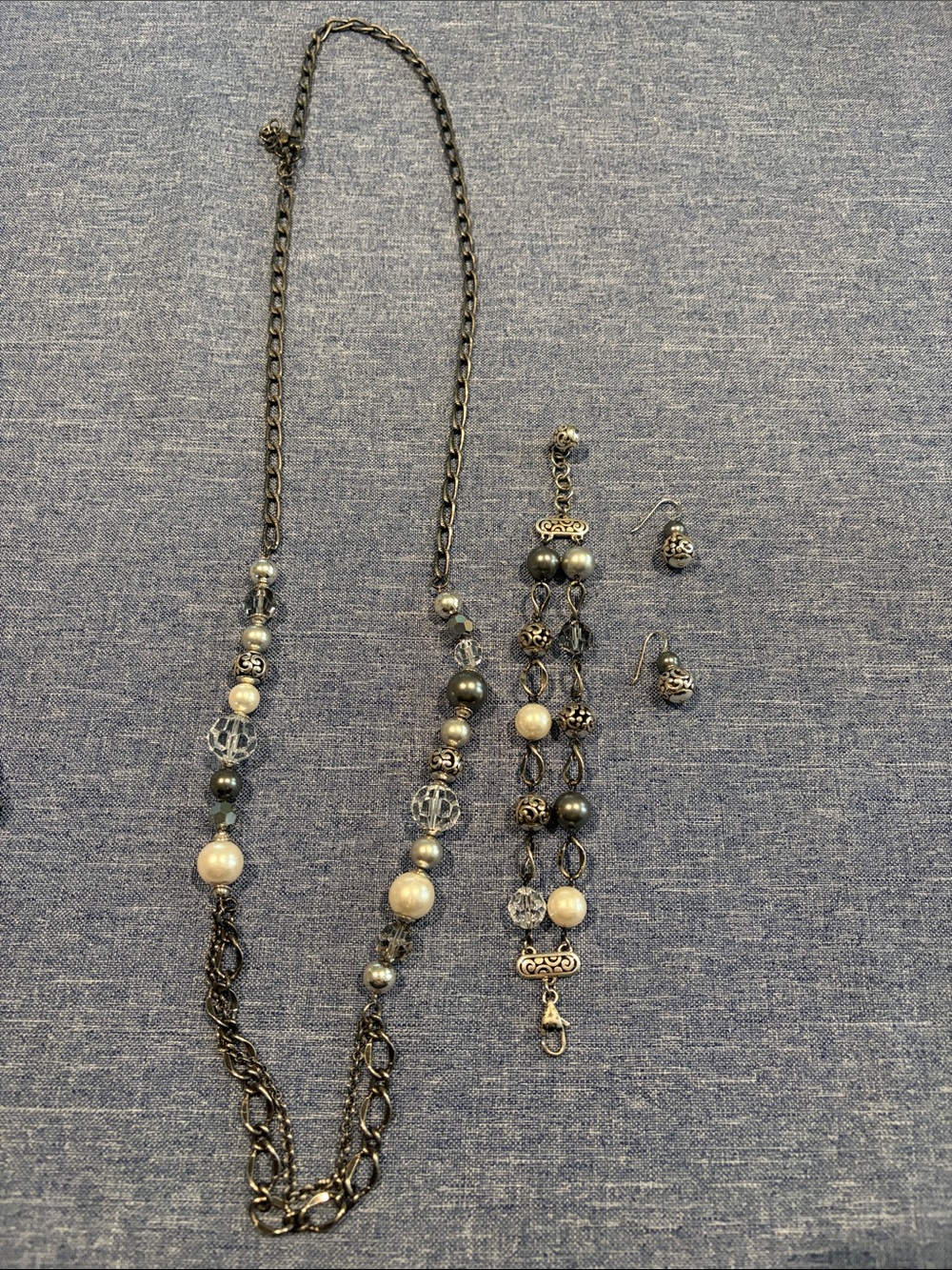 Brighton Silver-Tone Pearl Bead Necklace & Earrings Set - Elegant Gray and Cream